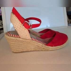 M&S Red Espadrille Wedge Sandals Ankle Strap Wide Fit Size US 8